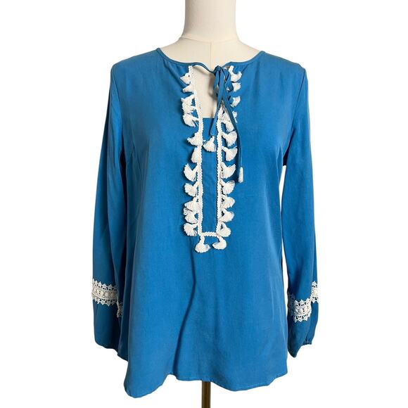 Line & Dot Tops - Line & Dot Tunic Blouse NWT XS Blue Lace Trim Boho Peasant Long Sleeve Top